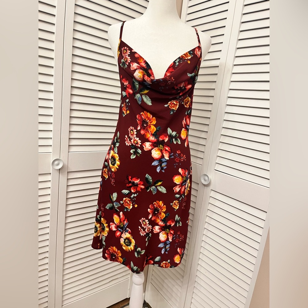 Burgundy Floral Dress Cowl Neckline